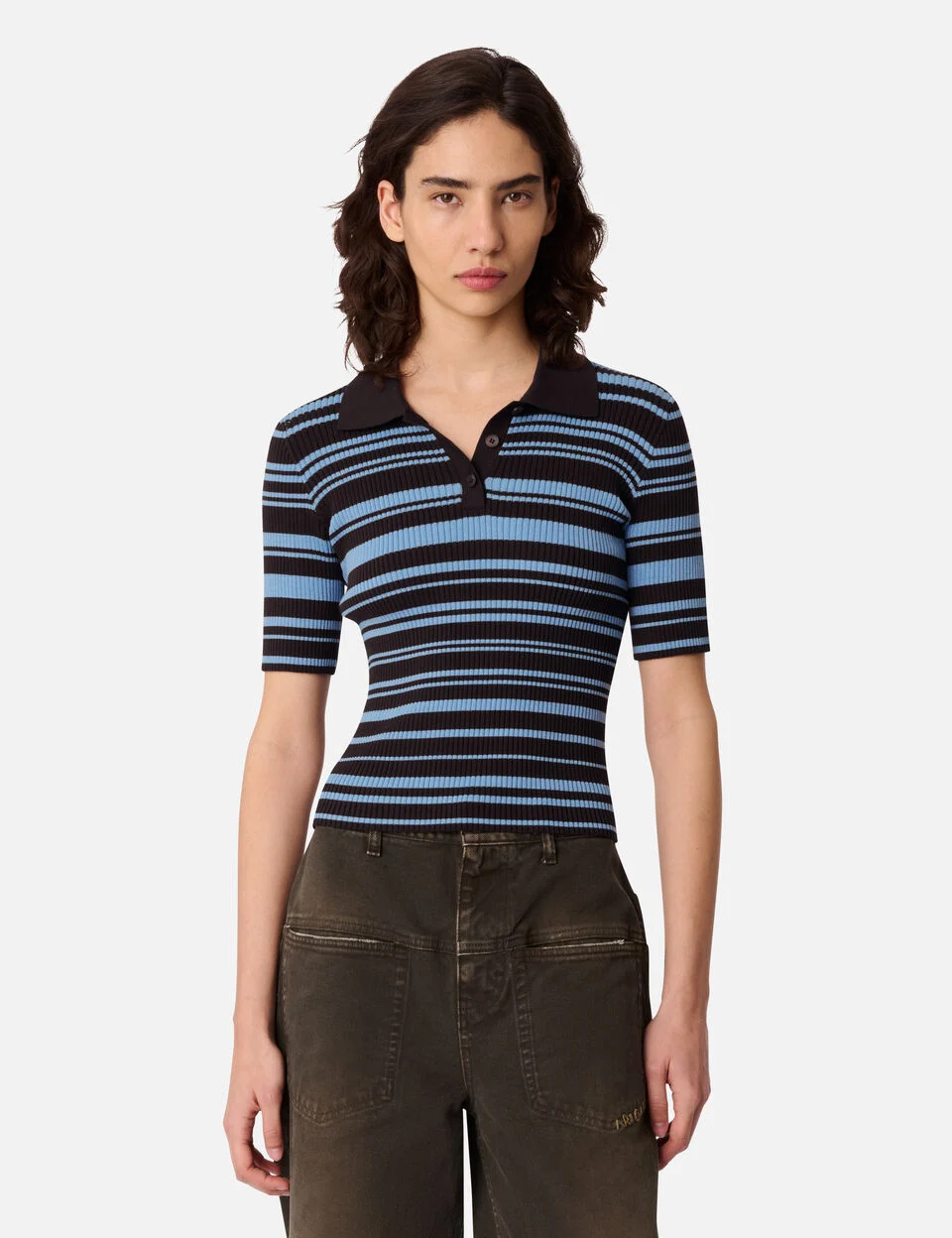 Anja Ribbed Polo Top axel arigato Anja Ribbed Polo Top Dark Brown/Light Blue